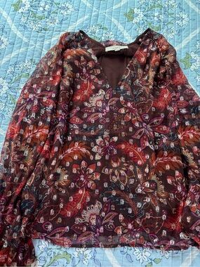 LOFT Burgundy Floral Paisley V-Neck Blouse